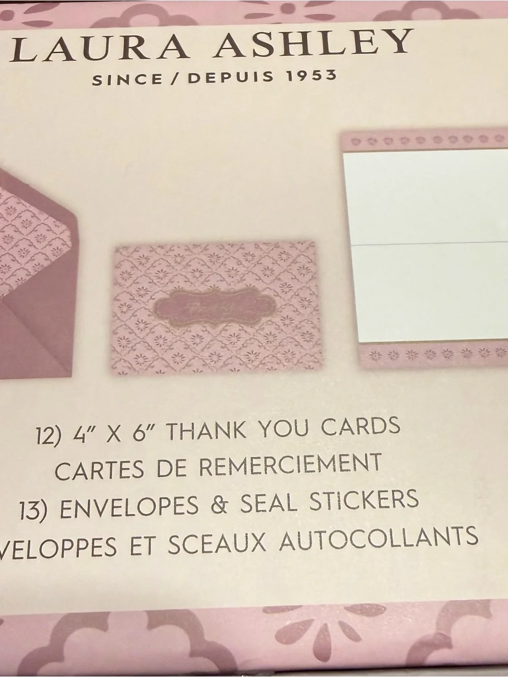 Laura Ashley Pink and Gold Thank You Cards (set of 12) in Decorative Box